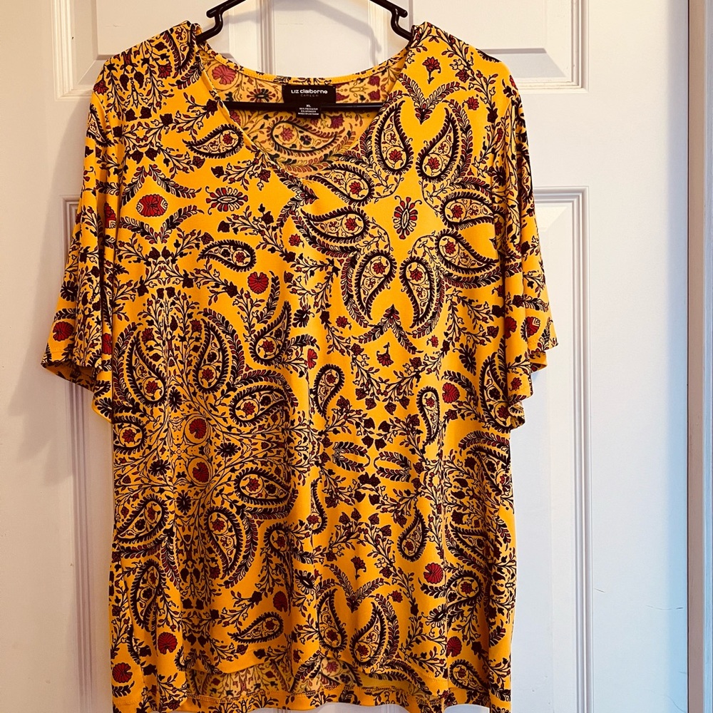 Liz Claiborne gold-black-red, paisley shirt. Like new wore only a few times.
